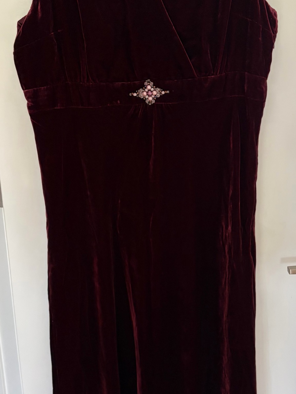 Garnet Hill Deep Burgundy Velvet Maxi Dress with Pearl Jeweled Accent